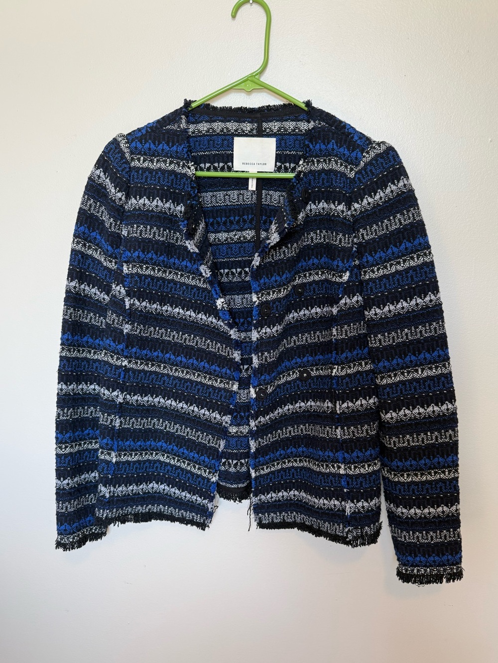 Rebecca Taylor Blue, Black, White Striped Tweed Jacket Fringe Funky Print Blazer